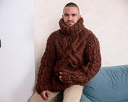 Brauner Zopfstrickpullover – Handgestrickter gemütlicher Winterpullover T813M