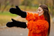 Schwarze Mohair-Fäustlinge – Handgestrickte flauschige weiche Winterhandschuhe T191b