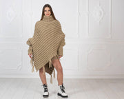 Beige Wool Poncho – Hand Knitted Chunky Cable Knit Cape T966W