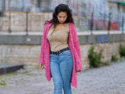 Rosa Melange Baumwoll-Cardigan – Handgestrickter Rippenmantel aus 100% Baumwolle T1068