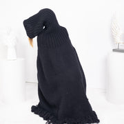 Schwarzer Wollponcho – handgestrickter Grobstrick mit 80 cm Rollkragen T1754