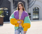 Grober Merinowolle-Cardigan – Handgestrickter superdicker Marshmallow-Mantel T1042