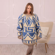 Pull Islandais en Laine Épaisse, Tricoté Main Bleu Crème Motif Nordique T2005