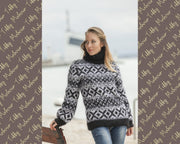 Schwarz-weißer isländischer Mohairpullover – Handgestrickter nordischer Rollkragenpullover T458