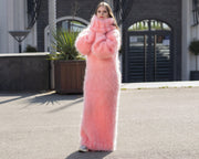 Rosa Mohair Maxikleid, handgestricktes Rollkragenpullover-Kleid