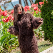 Braunes Mohair-Pulloverkleid, handgestricktes klobiges flauschiges Rollkragen-Maxikleid T371
