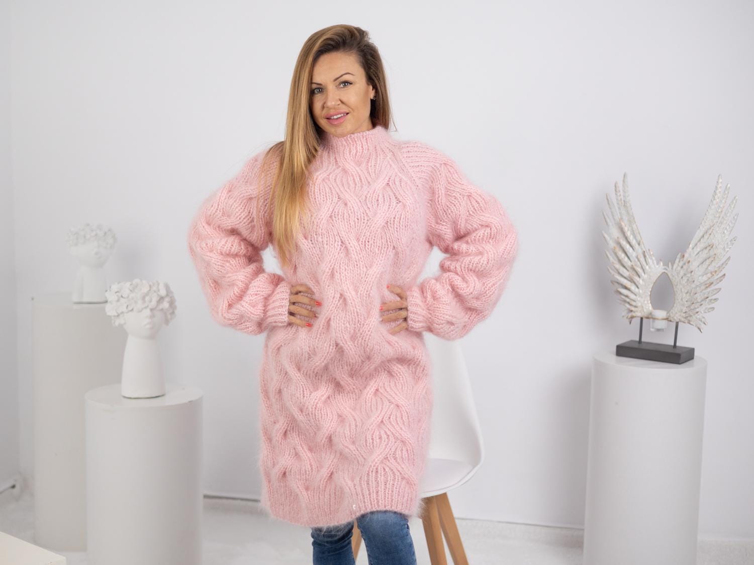 Tiffy Mohair Pink Chunky Mohair Sweater Dress T1749