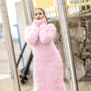 Robe longue en mohair rose tricotée à la main, robe pull à col roulé T418