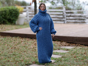 Extra dicker Wollpullover, handgestricktes Rollkragen-Maxikleid im englischen Rippenmuster T1107