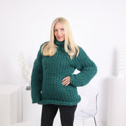 Grüner Grobstrick-Merino-Pullover, handgestrickter Super Bulky Wollpullover T1627