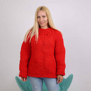 Roter Merinowollpullover, handgestrickt, 100 % weiche Wolle T1887