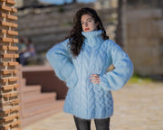 One available in size 5XL, Fluffy Blue Mohair Chunky Turtleneck Sweater T1423R