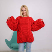 Einer erhältlich in Größe 6XL, roter Zopfstrickpullover aus Wolle, handgestrickter Pullover T1883