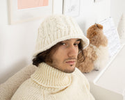 One available Cream 100% Wool Hat, Hand-Knit Hat T1347R