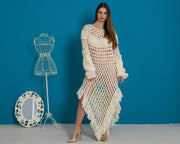 Transparente Wollkleid, Handgestrickte Tunika aus 100 % Wolle, Häkelarbeit T997