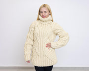 Pull en laine torsadé tricoté main, Crème 2XL T1518
