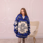 Erhältlich in Größe 5XL, Strickjacke mit Adler-Muster – Blau Alpaka-Merinowolle T2004