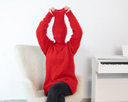 Handgestrickter roter Mohairpullover – extra langer 55 cm Rollkragen weicher warmer Pullover T1532