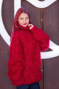 Flauschiger dicker Rippstrickpullover, handgestrickt aus weichem Mohairgarn T524