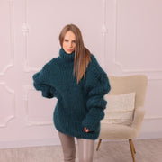 Flauschiger blauer Mohairpullover, handgestrickt, gebürstet, 3-fädig, Oversize-Rollkragenpullover T1993