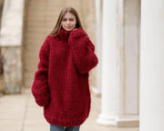 12-fädig Großer Rollkragen Mohair Pullover – Handgestrickter Chunky Unisex Roter Flauschiger Pullover T1373