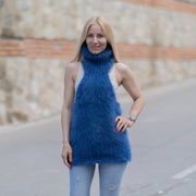 Haut en mohair bleu tricoté main, duveteux, à col montant – Gilet pull sans manches doux et moelleux T1859