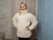 Pull 16 brins en mélange alpaga et laine, Tricoté main crème, très épais T1098