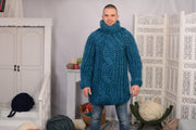 25-fädiger dicker Mohair-Pullover – handgestrickter blauer grober Zopfstrick-Pullover T699M