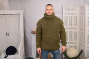 Handgestrickter olivgrüner Mohairpullover – Grob gestrickter gemütlicher Rollkragenpullover T697AM