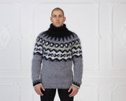 Grauer isländischer Mohairpullover – handgestrickter Lopapeysa Wollpullover für Damen T982M