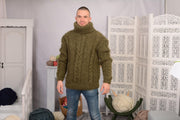 Hand-Knitted Olive Green Mohair Sweater – Unisex Chunky Ribbed Cable Turtleneck Jumper T697M