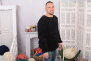 Pull Noir en Mohair Moelleux – Tricoté Main Grandes Aiguilles Transparent T700M