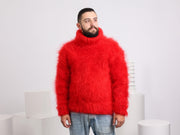 Chunky Green Mohair Sweater – Hand-Knitted Fluffy Turtleneck Jumper T1663