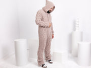 Fluffy Beige Mohair Catsuit – Fuzzy Chunky Cable Knit Hand-Knitted Overall T1659M