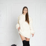 Chandail en laine crème à col roulé torsadé, pull en grosse laine tricoté main T632W