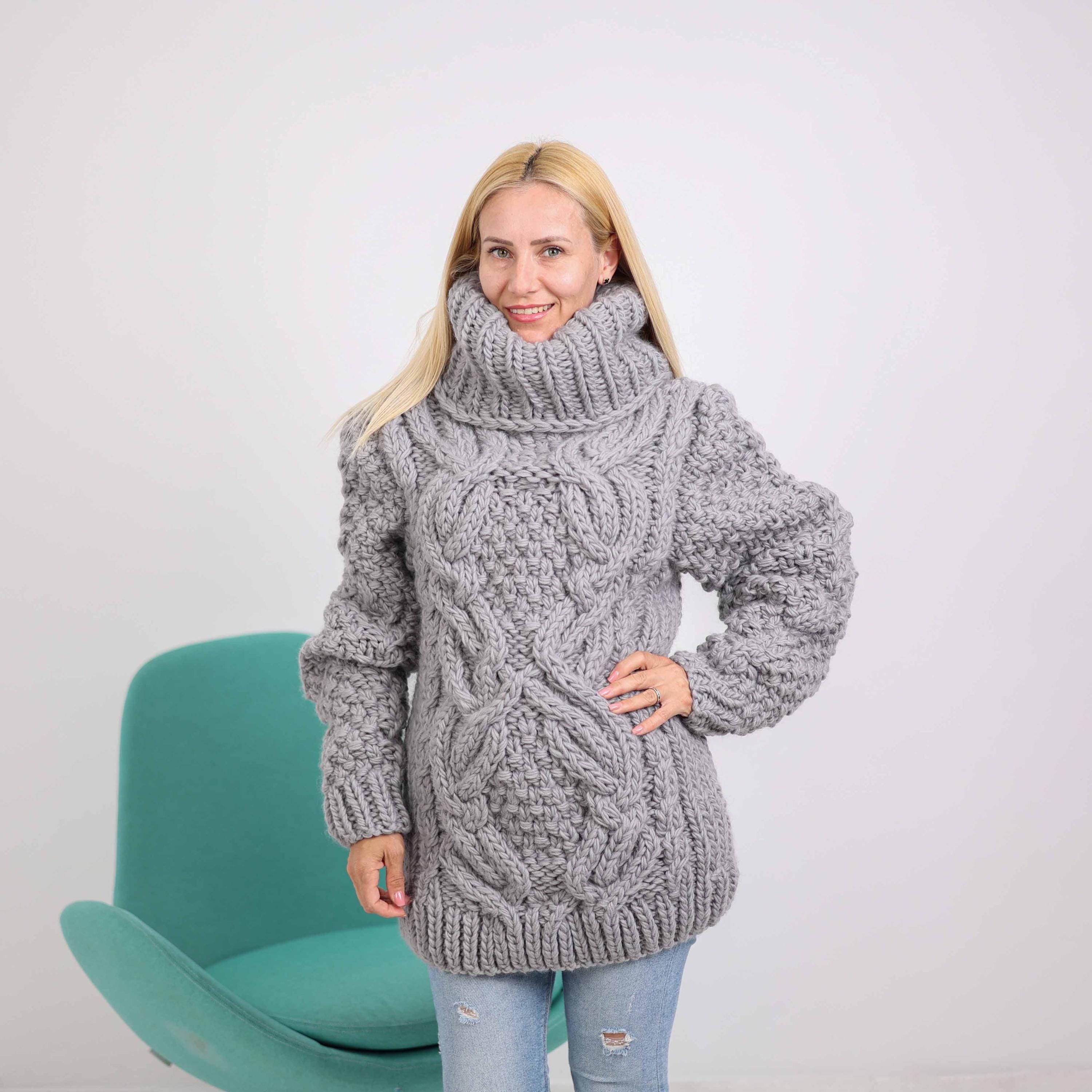 Tiffy Mohair Gray Wool Cable 50 cm Turtleneck T1877