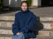 Pull en laine tricot côtelé bleu, pull en grosse laine tricoté main T1290