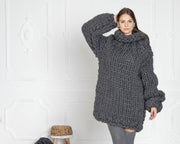 Pull en grosse laine 12 brins – Tricoté main gris oversize T634W