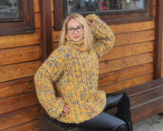Gelber Melange Oversize Wollpullover – Handgestrickter Patentmuster Chunky Jumper T954