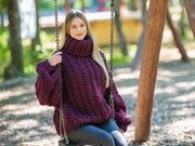 5-Strang Englisch Rib Wollpullover – Handgestrickter gemütlicher Auberginen Winterpullover T1201