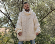 3 kg Übergroßer Wollpullover – Dicker handgestrickter cremefarbener Fischerrippenpullover T786M