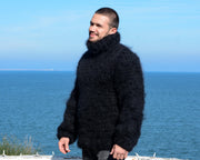 Schwarzer Pullover aus Mohair-Woll-Mix – Grob gestrickter Rollkragenpullover T674M