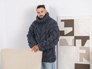 Gray 5-Strand Soft Wool Cable Turtleneck Sweater T1667M