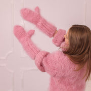 Moufle en mohair rose – Gants duveteux tricotés à la main 6 brins avec poignet côtelé T2012
