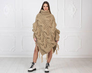 Beige Wool Poncho – Hand Knitted Chunky Cable Knit Cape T965W