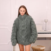 Gilet en mohair épais – Veste zippée en tricot torsadé à 12 brins tricotée à la main T1983