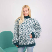 Pull Islandais Tricoté Main, Mohair Vert, Motif Nordique T1873