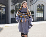 Grauer Isländischer Mohairpullover – Handgestrickter Lopapeysa Wollpullover T1033