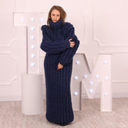 Denim Blaues Wollkleid, Handgestricktes 5-fädiges Englisches Rippmuster Langes Maxikleid T2034