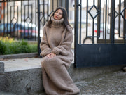 Robe longue pull col roulé en maille de laine beige T1167